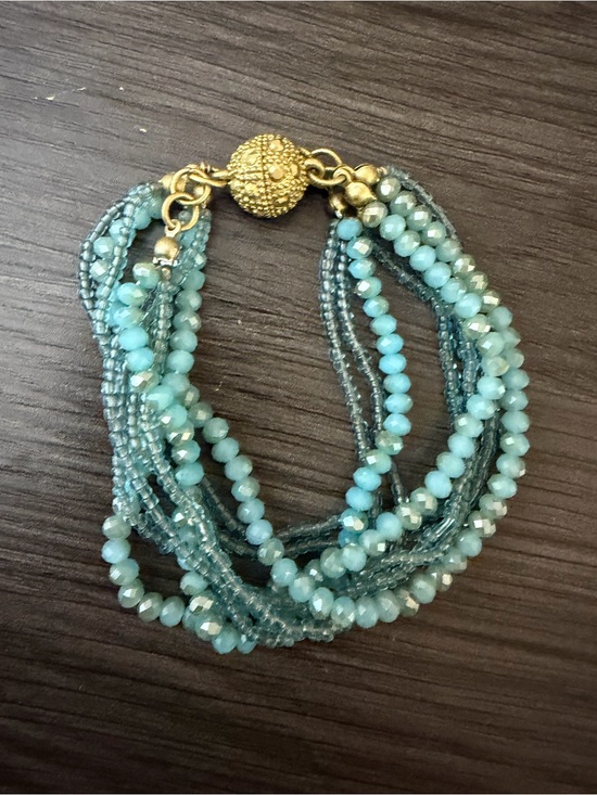 Jewelry - Multi-Strand Aqua Beaded Bracelet with Gold-Tone Clasp